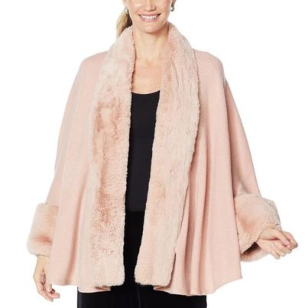 New Heidi Daus Sweater Knit Topper with Faux Fur Trim Blush Pink 2X/3X N…